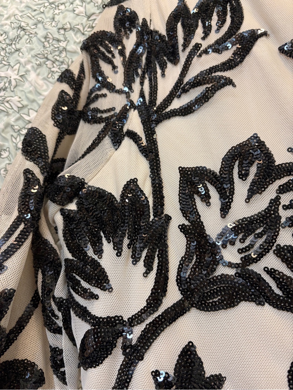 R&M Richards Cream Dress with Black Sequin Floral Embroidery and Satin Sash - Picture 4 of 9